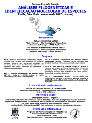 Em novembro o PPGF realizará o curso sobre Análises filogenéticas e identificação molecular de espécies